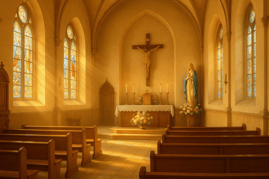 20250417_2324_Sunlit Catholic Sanctuary_simple_compose_01js2t4n37exyrvf6jtx928zce Wnętrze kościoła z ołtarzem, krzyżem i figurą Maryi – miejsce modlitwy i ciszy