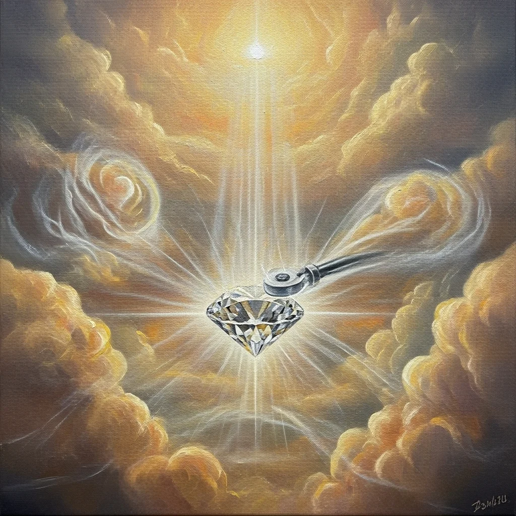 Obraz diamentu osadzonego w obłokach, otoczonego promieniami światła i narzędziem do szlifowania.