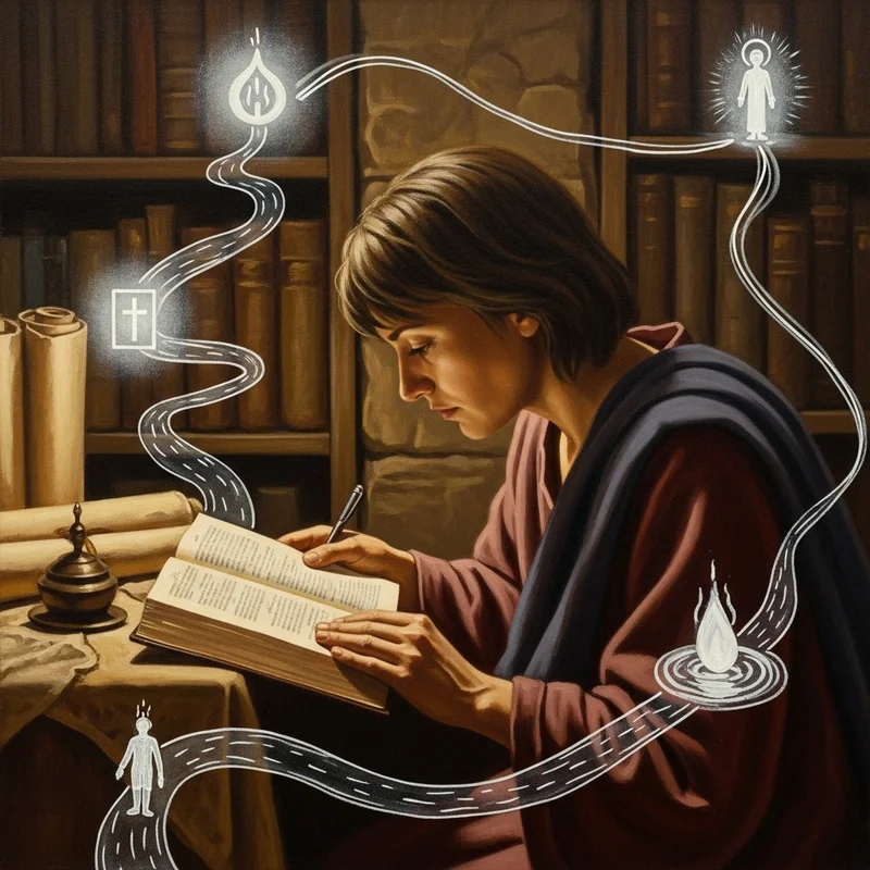 Osoba w zamyśleniu studiuje księgę, otoczona symbolami i ścieżkami, sugerującymi duchową podróż i poszukiwanie prawdy.