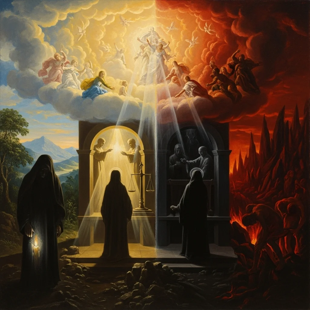 Malowidło przedstawiające scenę Sądu Ostatecznego: podział na niebo (z góry) i piekło (z prawej), oraz sąd na ziemi.