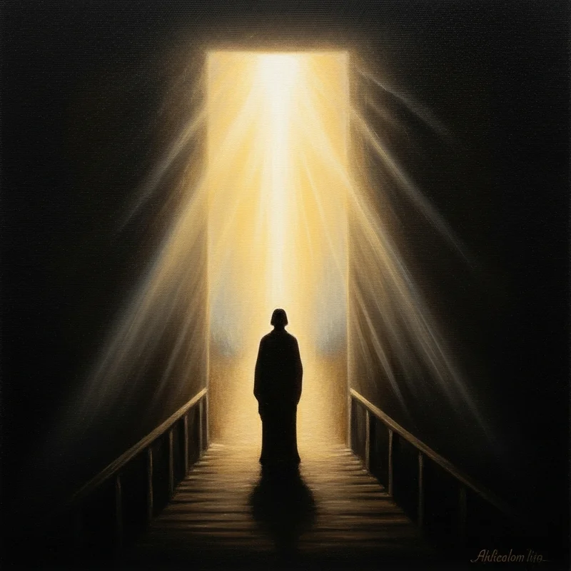 Sylwetka człowieka zmierzająca w stronę jasnego światła w otwartych drzwiach. Po bokach mroczne przejście z poręczami.