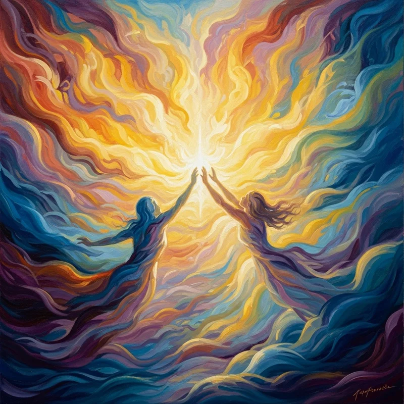 Obraz przedstawia dwie postacie w szatach, wyciągające ręce w kierunku jasnego światła, otoczone wirującymi kolorami.