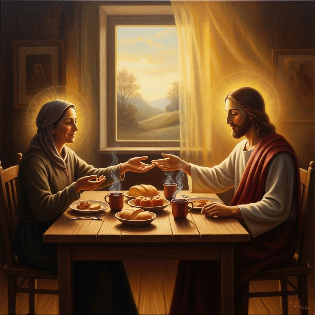 Ilustracja przedstawia Jezusa i kobietę siedzących przy stole, dzielących się posiłkiem. Promienie światła otaczają ich głowy.