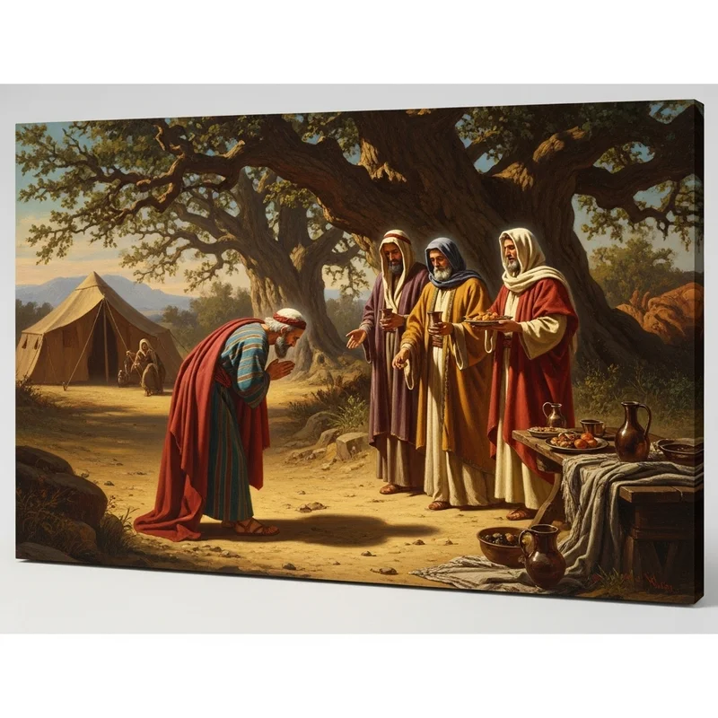 Abraham kłania się trzem wędrowcom, podczas gdy przy stole przygotowane są jedzenie i napoje, scena dzieje się pod dużym drzewem.