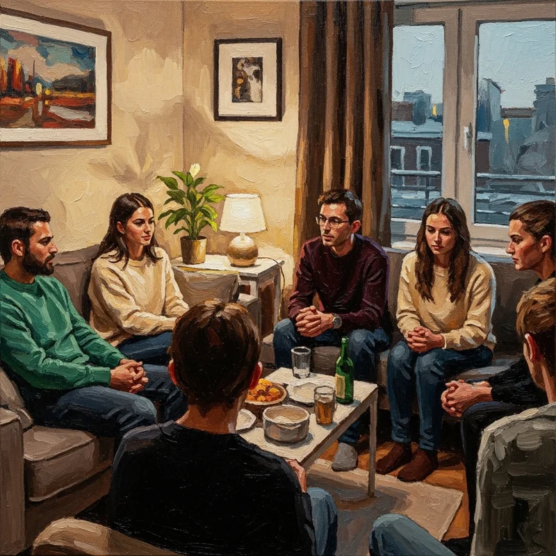 Grupa ludzi siedzi w kręgu w pokoju. Oświetlenie jest ciepłe, a na stoliku kawa stoi jedzenie i napoje, sugerując spotkanie towarzyskie.