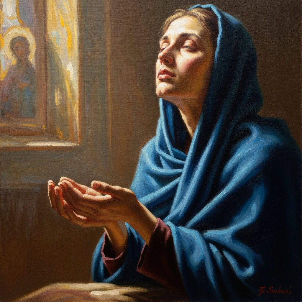 Obraz kobiety w błękitnej chuście w modlitewnej pozie, z zamkniętymi oczami i dłońmi skierowanymi ku górze, w tle witraż z postacią.