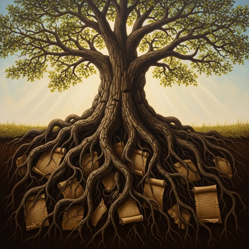 Potężne drzewo z rozbudowanym systemem korzeniowym. Korzenie otaczają zwinięte pergaminy, symbolizujące tradycję i wiarę.