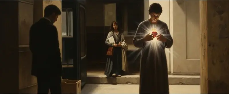 Obraz przedstawia trzy osoby wewnątrz budynku. Jedna z nich trzyma w dłoniach świecące serce. W tle widoczne są inne postacie oraz tekst.