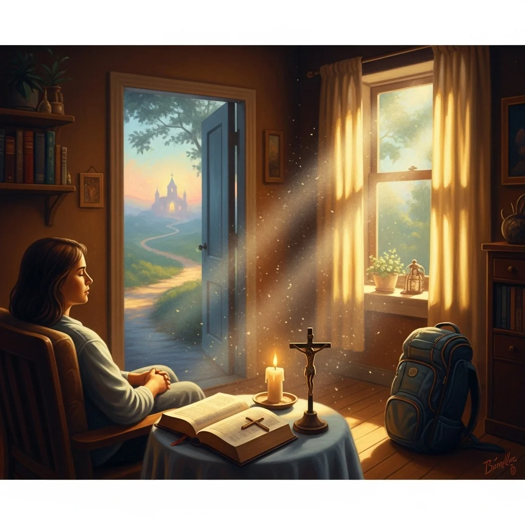 Kobieta w pokoju z otwartymi drzwiami i światłem. Na stoliku krzyż, świeca i książka. Obok plecak.