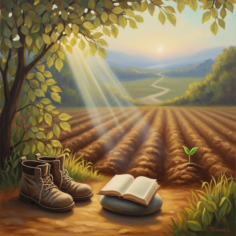 Scena z książką i butami na tle zaoranego pola, drzewa i promieniami słońca, symbolizująca duchową podróż.