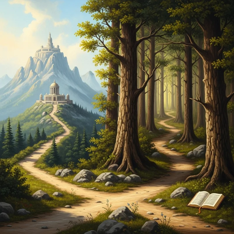 Droga rozwidlająca się: jedna prowadzi do sanktuarium na górze, druga w głąb lasu z otwartą Biblią.