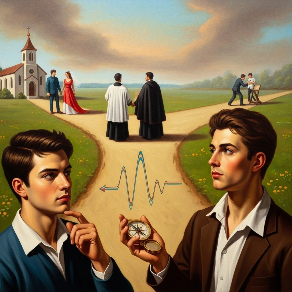 Mężczyzna z kompasem stoi na rozdrożu z drogami do ślubu, kapłaństwa i życia w pojedynkę, a obok widać kościół i ludzi.