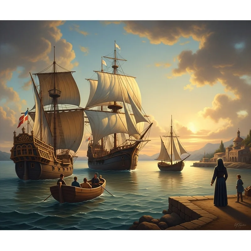 Obraz przedstawia flotę żaglowców na spokojnym morzu. Na brzegu kobieta z dzieckiem obserwują statki, nawiązując do powołania życiowego.