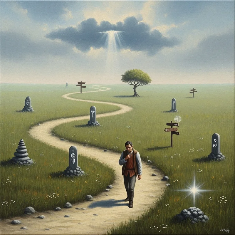 Mężczyzna idzie ścieżką, po obu stronach której są kamienne obeliski i drogowskazy. W oddali drzewo i światło z chmur.