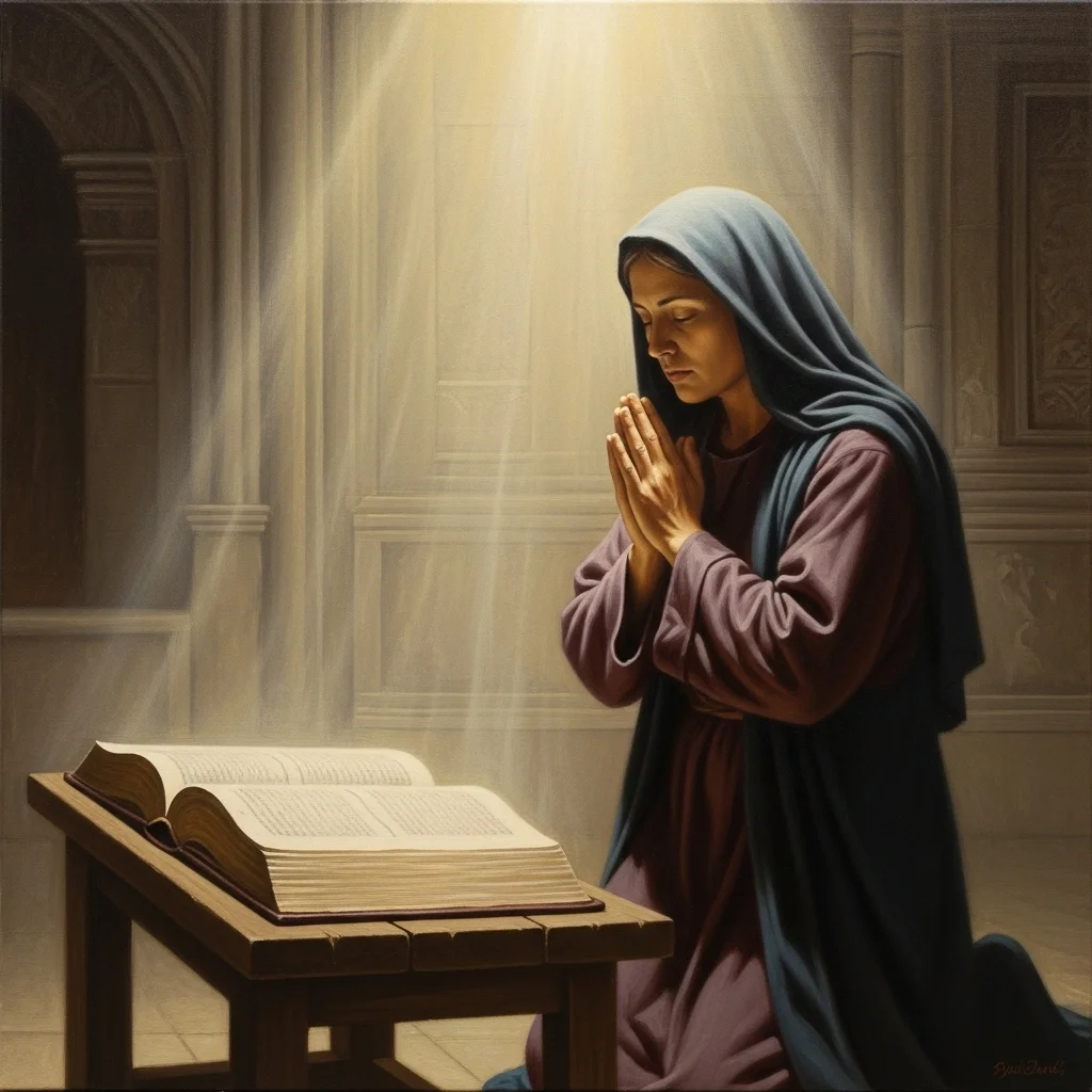 Kobieta w płaszczu klęczy przed otwartą księgą, w promieniach światła, złożone dłonie w modlitwie.