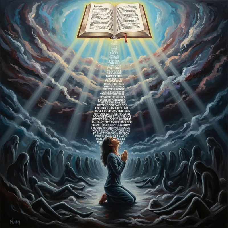 Kobieta klęczy w modlitwie, skierowana ku otwartej księdze w niebie, z promieniami światła i napisami, otoczona postaciami.