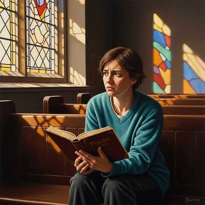 Kobieta w błękitnym swetrze siedzi w kościele, trzymając otwartą Biblię i zamyślona patrzy w bok, w tle witraże.