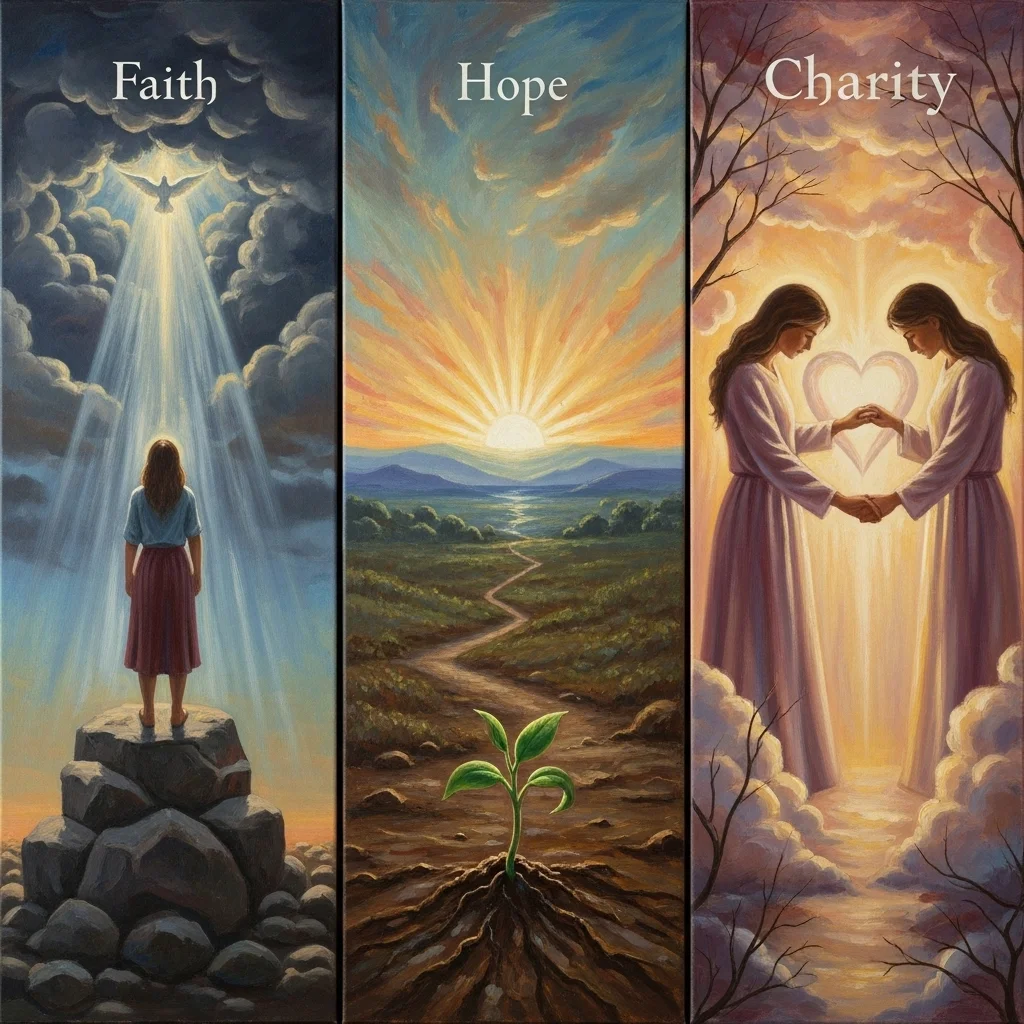 Tryptyk symbolizujący wiarę, nadzieję i miłość. Kobieta spogląda na światło, roślina wyrasta z ziemi, a dwie postacie trzymają serce.