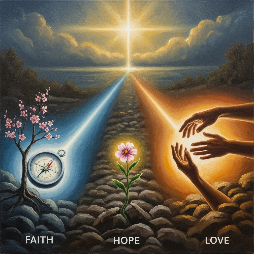 Kompas, kwiat i dłonie wskazują na wiarę, nadzieję i miłość na tle jasnej drogi do światła.