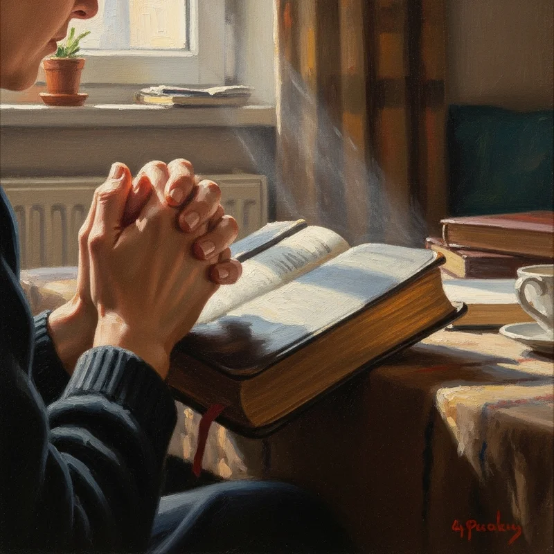 Osoba klęczy ze splecionymi dłońmi przed otwartą Biblią, w świetle słonecznym.