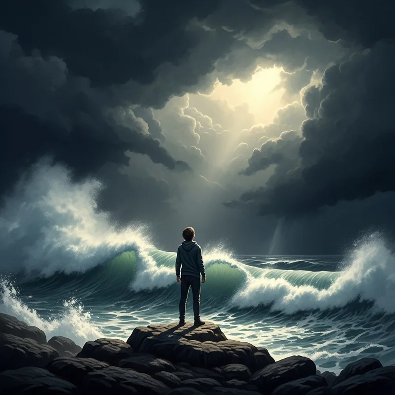 Osoba stoi na skale, patrząc na wzburzone morze pod burzliwym niebem, w promieniach słońca.