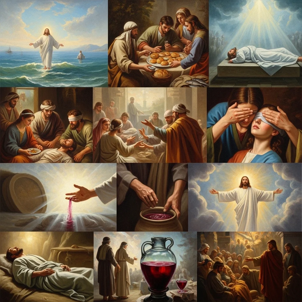 Seria obrazów przedstawiających cuda Jezusa: chodzenie po wodzie, Ostatnia Wieczerza, wskrzeszenie Łazarza.