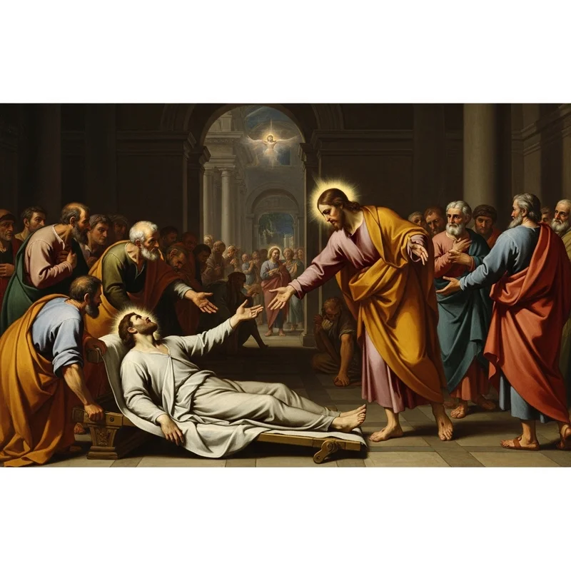 Jezus uzdrawia paralityka, otoczony przez tłum ludzi, którzy są świadkami cudu.