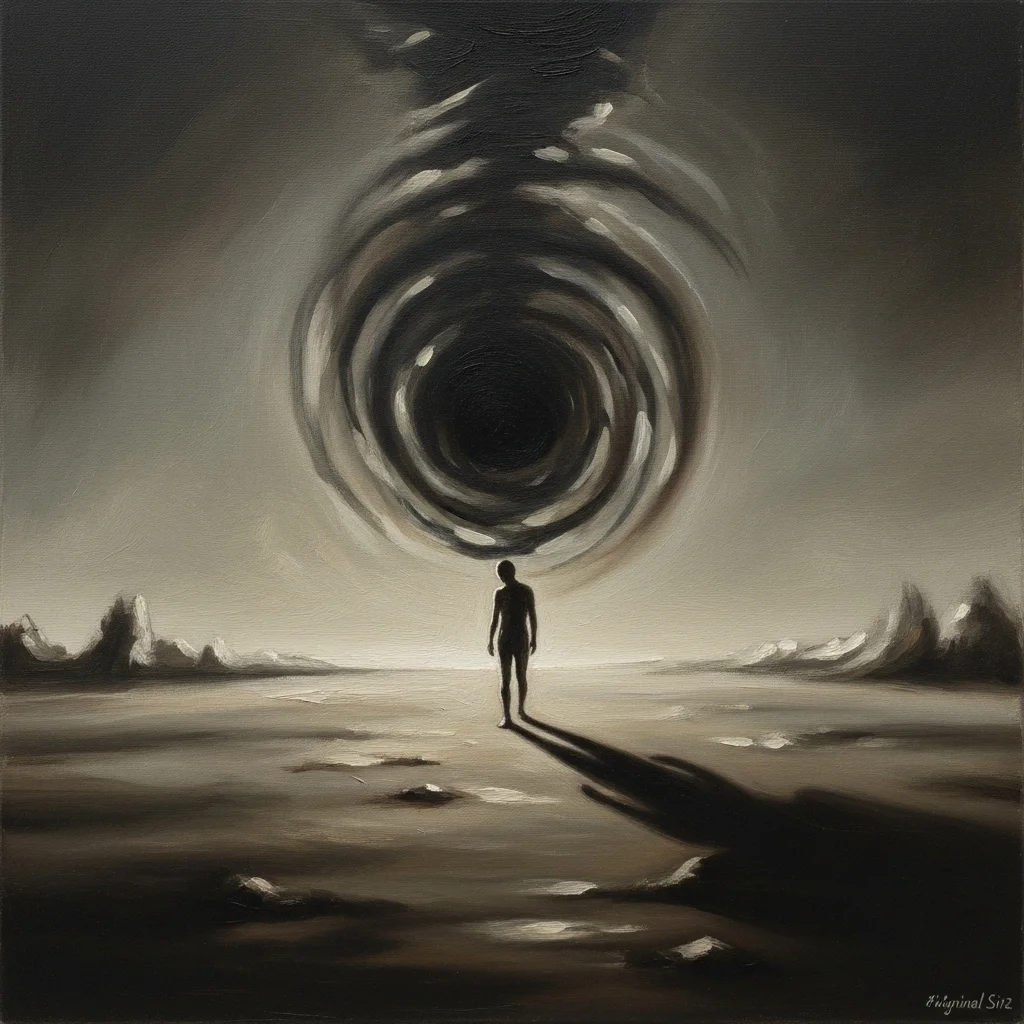 Postać stoi przed wirującą czarną dziurą, rzucając długi cień. Symbol grzechu pierworodnego i jego wpływu.