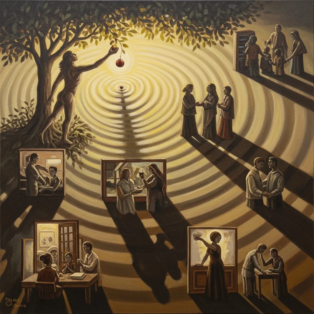 Mężczyzna zrywa jabłko z drzewa, a wokół niego sceny z życia ludzkiego, symbolizujące grzech pierworodny i jego konsekwencje.