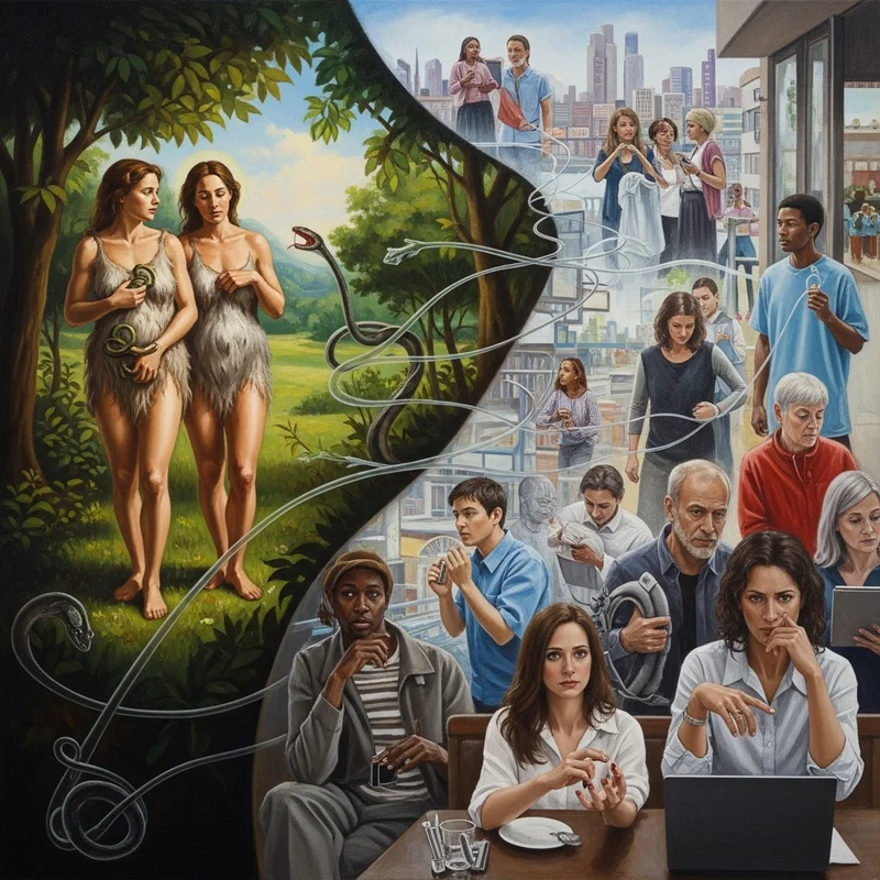 Dwie kobiety w raju obok węża, po prawej współczesne osoby, symbol grzechu pierworodnego i jego konsekwencji.