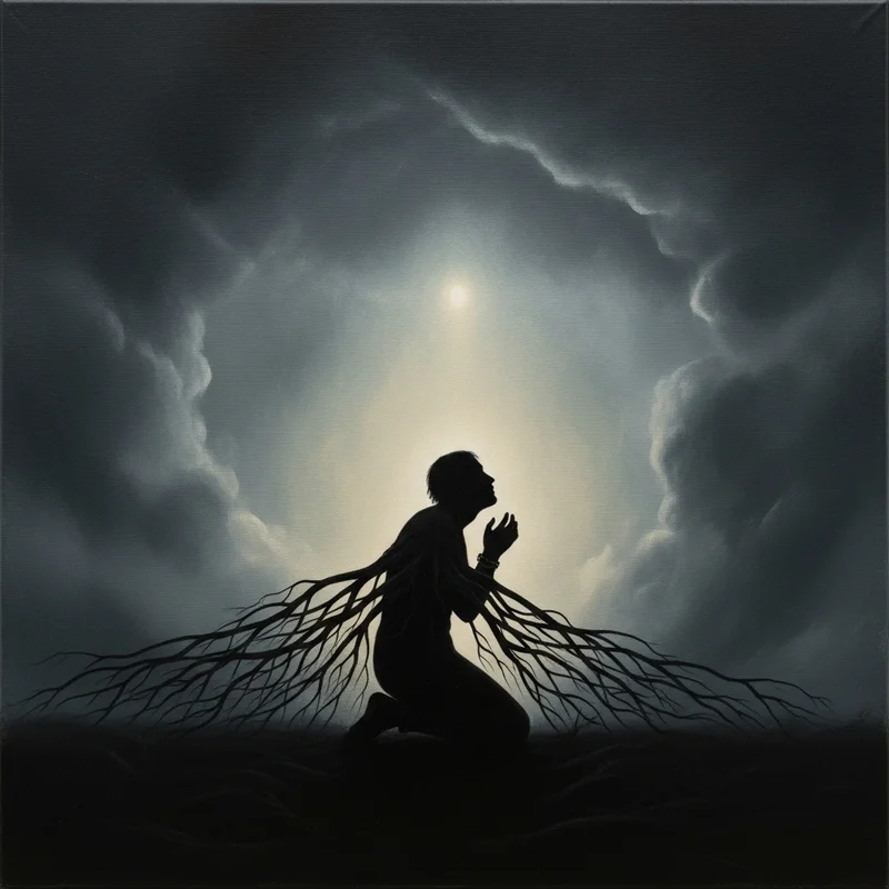 Kucząca sylwetka człowieka, z którego ramion wyrastają konary drzew, w otoczeniu ciemnych chmur i światła.