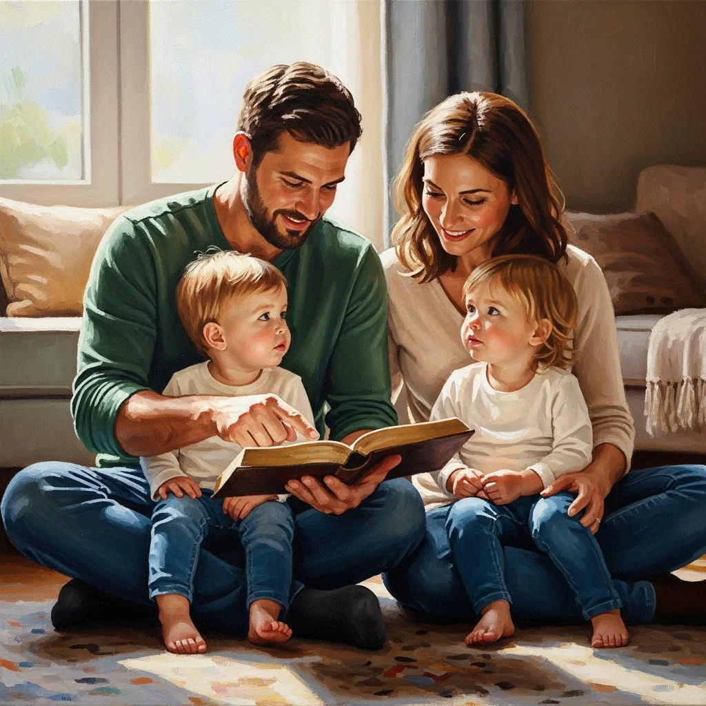 Rodzina czyta książkę na podłodze, wzajemnie się wspierając i spędzając czas razem.