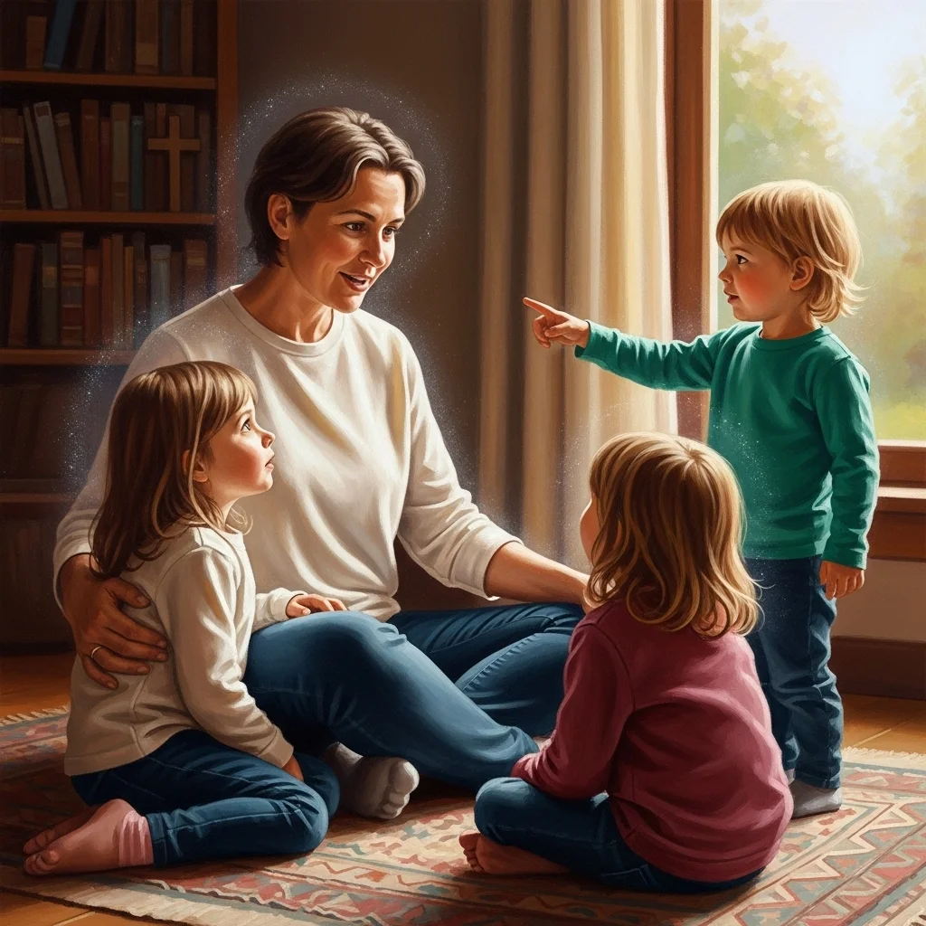 Matka otoczona przez dzieci, z zainteresowaniem słuchające. Jasne wnętrze, ciepła atmosfera rodzinna.