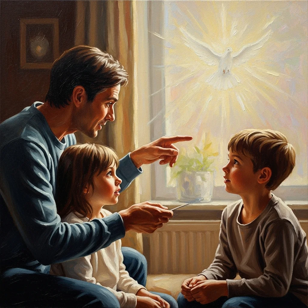 Ojciec i dwoje dzieci patrzą na świetlistą gołębicę, symbol Ducha Świętego, przez okno.