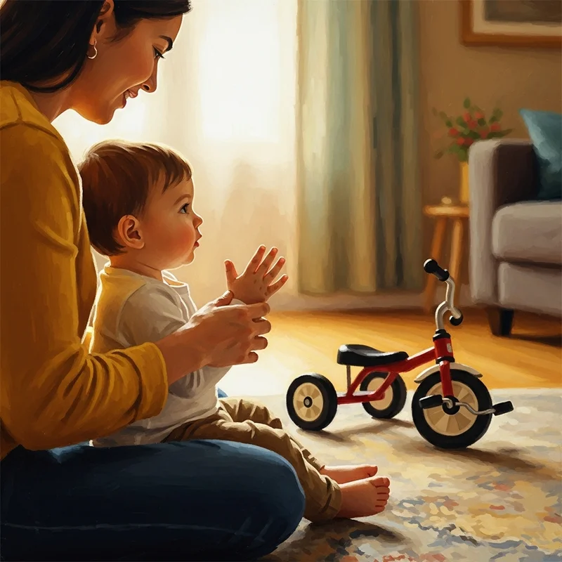 Matka bawi się z dzieckiem, które wyciąga ręce. Obok nich stoi czerwony rowerek.