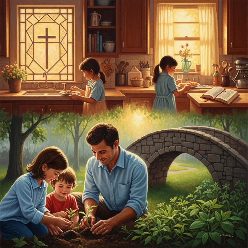 Rodzina w kuchni i ogrodzie: dzieci przygotowują posiłki, rodzice sadzą rośliny, symbolizując obecność Boga w codzienności.
