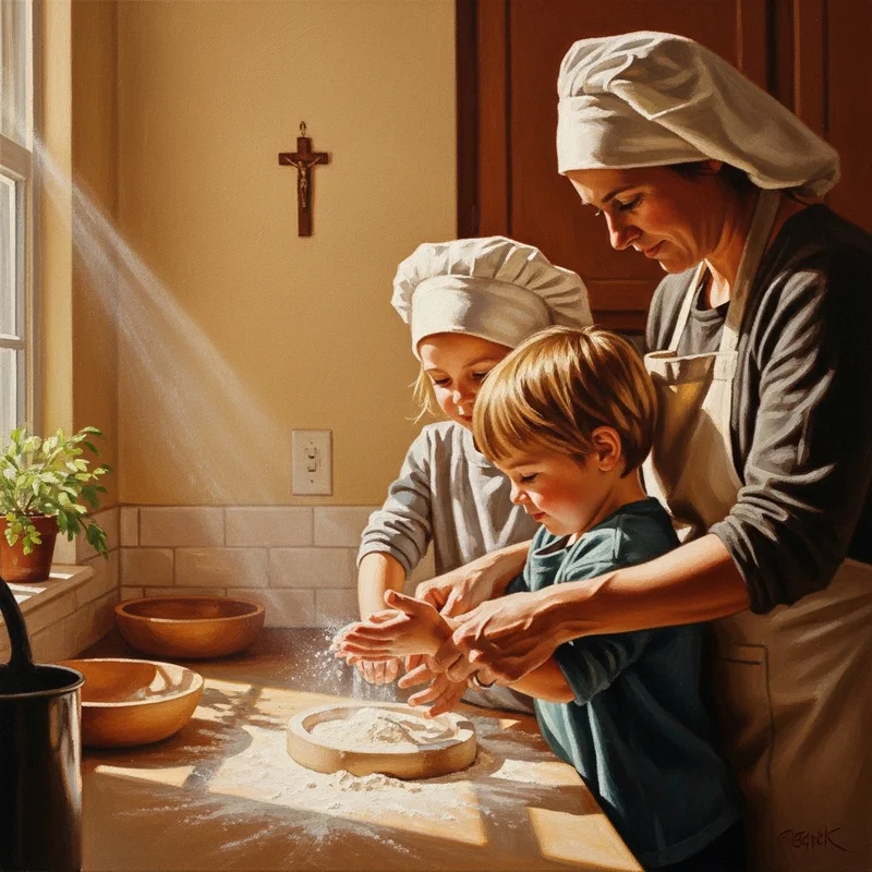 Kobieta z dziećmi piecze w kuchni. Na ścianie krzyż, symbol wiary w codzienności.