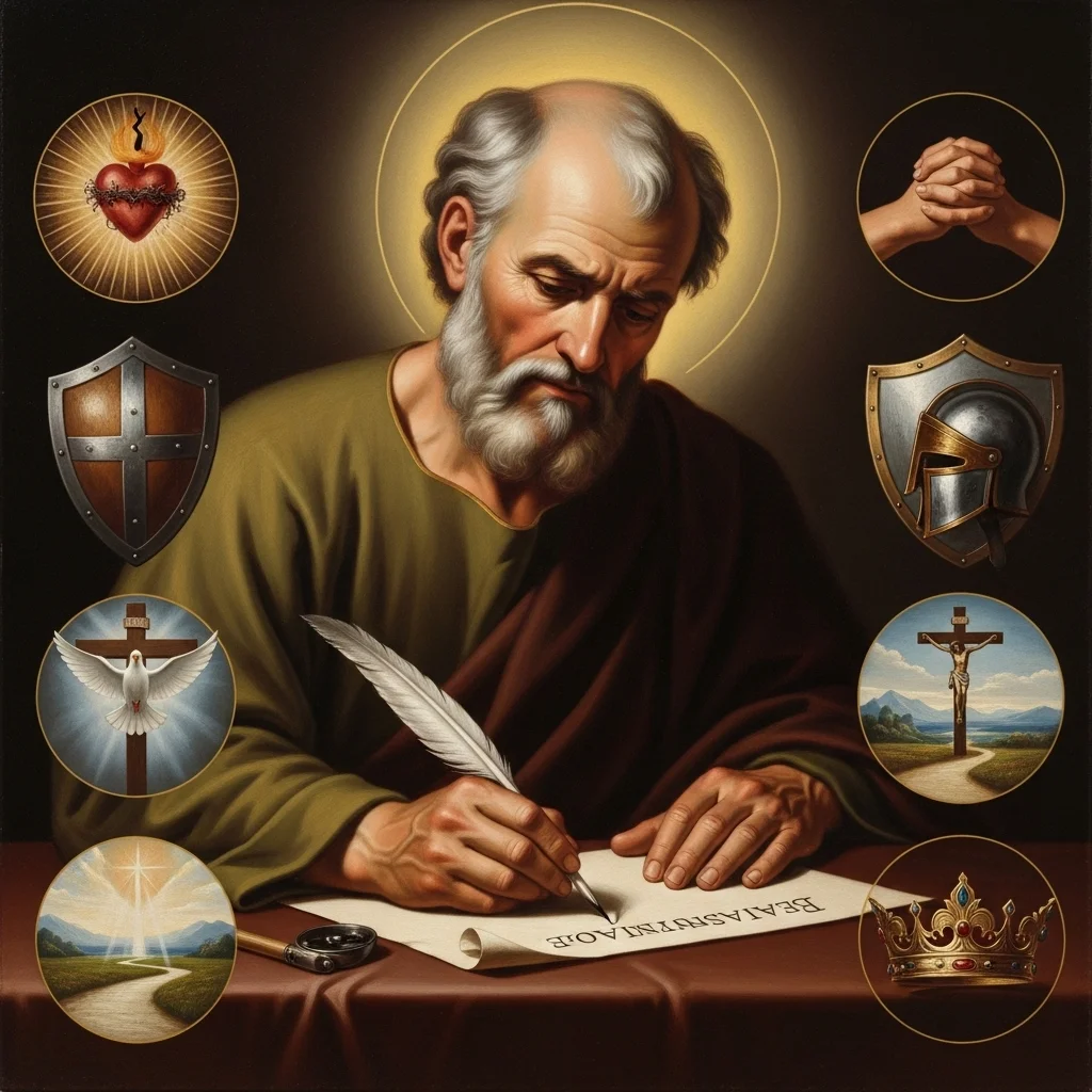 Święty Paweł piszący list, otoczony symbolami religijnymi, takimi jak serce, tarcze, gołębica i krzyż.