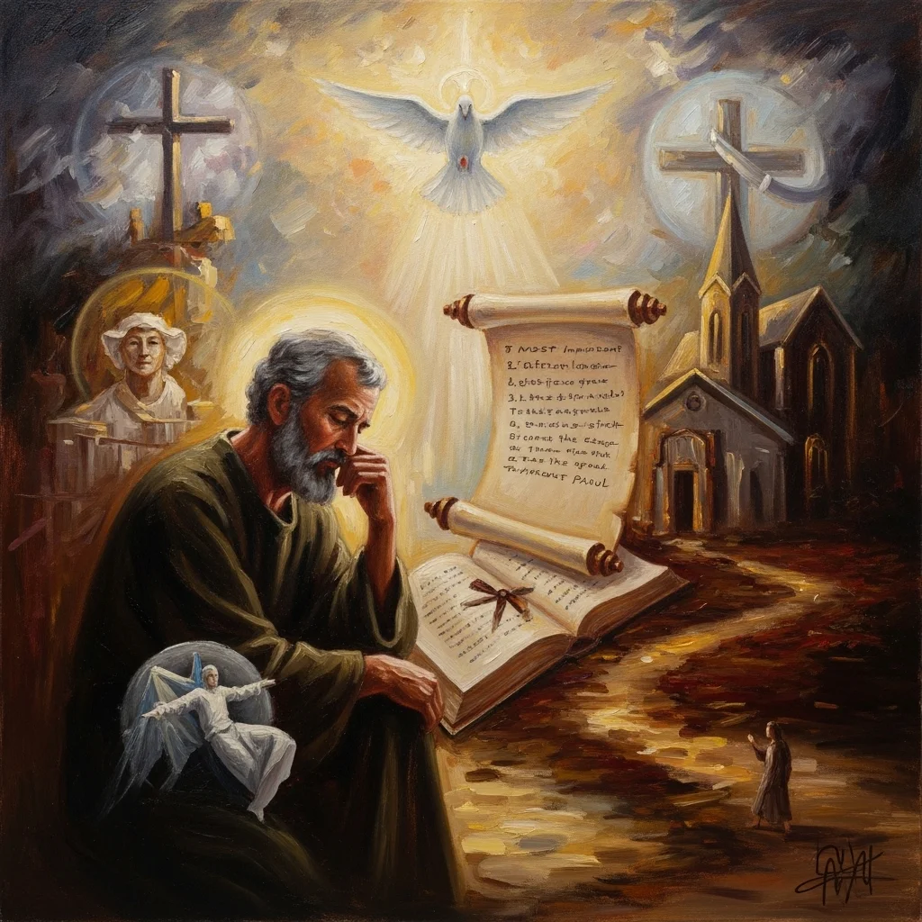 Ilustracja przedstawia Apostoła Pawła, z księgą, zwitkiem i gołębiem, symbolami wiary i nauki.