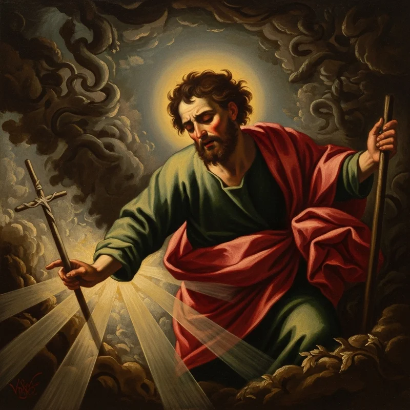 Mężczyzna z aureolą, w szatach, trzymający krzyż i laskę, otoczony chmurami i promieniami światła.