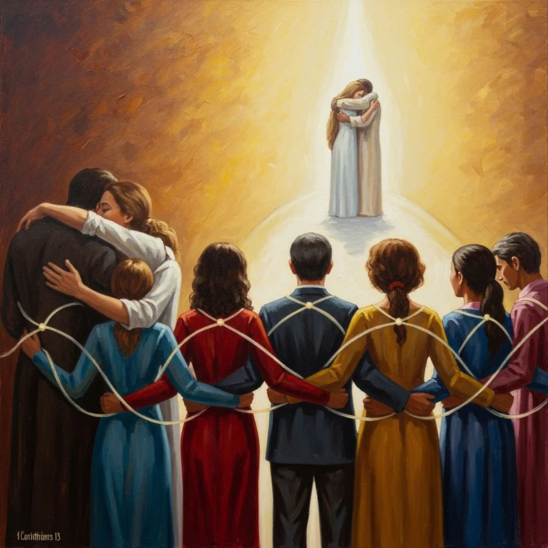 Grupa ludzi obejmuje się nawzajem, połączona liniami do pary w świetle. W tle para się przytula.