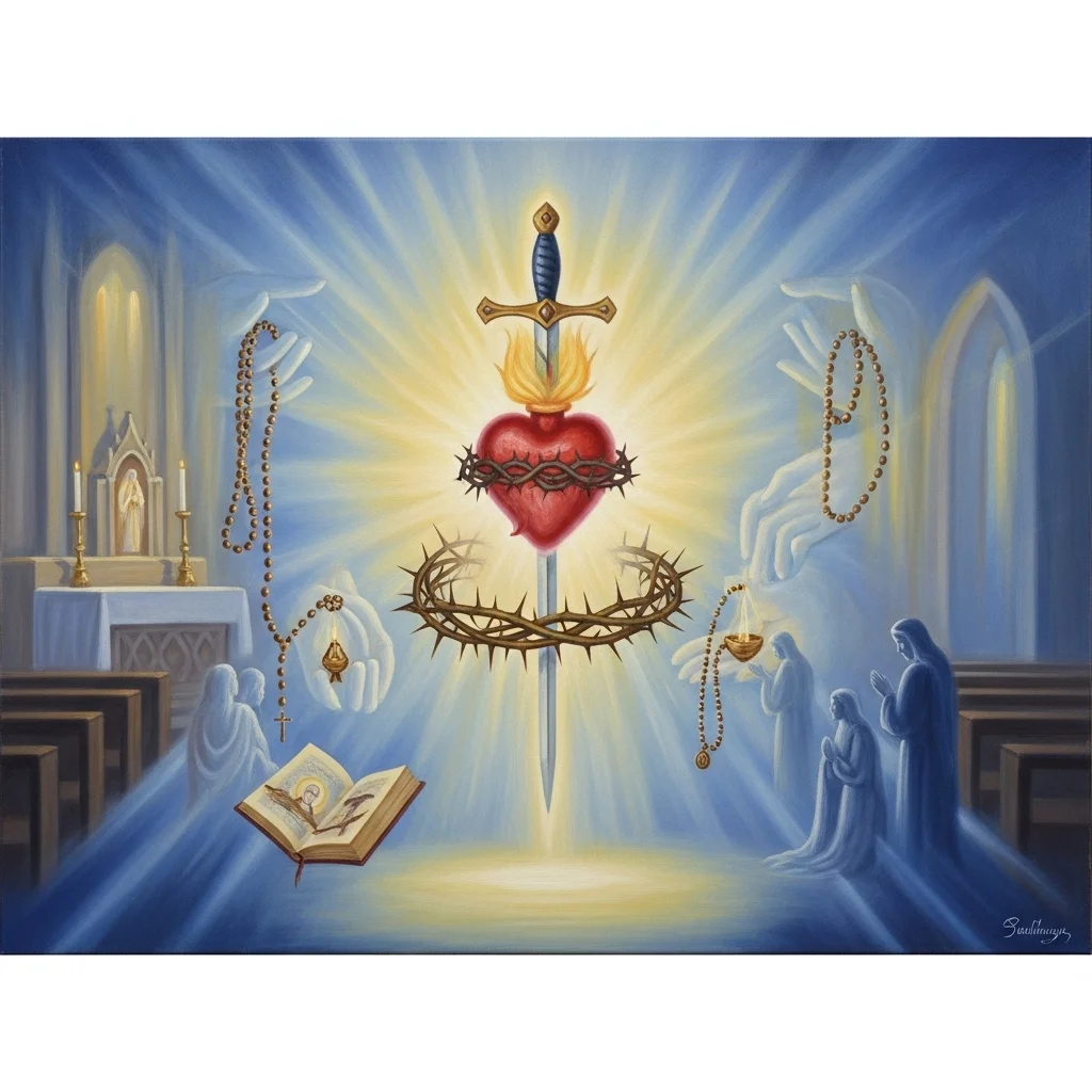 Malowidło przedstawiające serce przebite mieczem, otoczone koroną cierniową i płomieniem, z różańcami i postaciami w kościele.