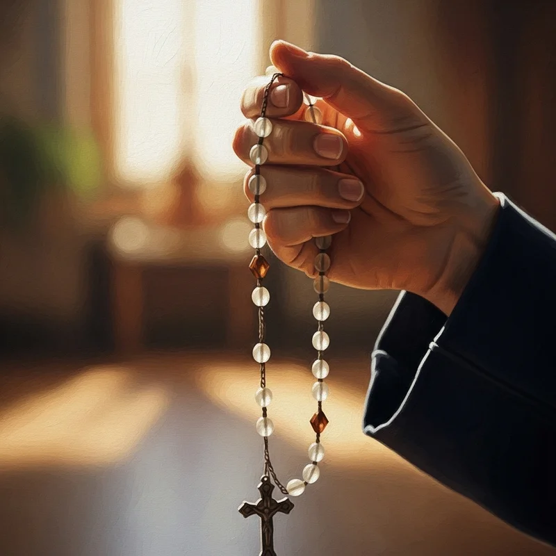 Dłoń trzymająca różaniec w świetle słonecznym, symbol modlitwy i oddania Niepokalanemu Sercu Maryi.