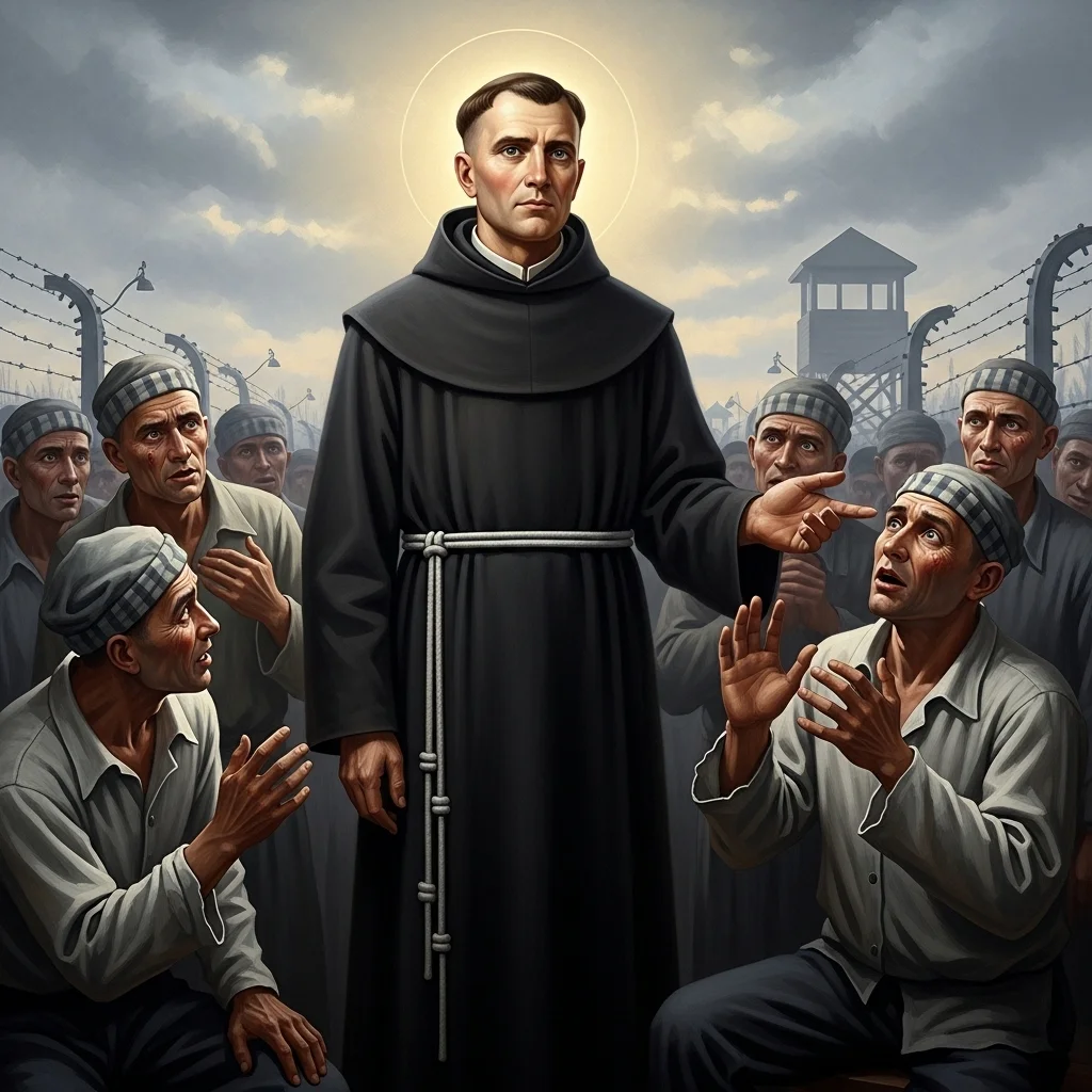Święty Maksymilian Kolbe w habicie pośród więźniów w obozie koncentracyjnym, ze światłem wokół głowy.