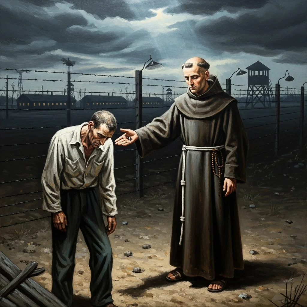 Maksymilian Kolbe w habicie ofiarowuje krzyż współwięźniowi w obozie koncentracyjnym.