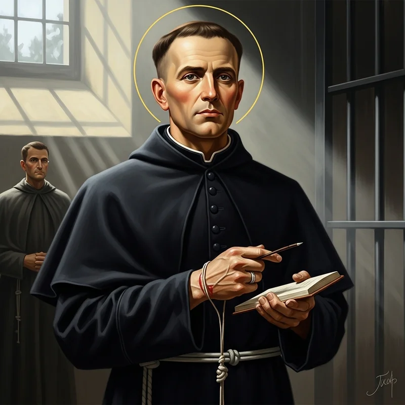 Maksymilian Kolbe w habicie, ze złotą aureolą, trzyma pióro i książkę. W tle postać w szacie, kraty więzienne.