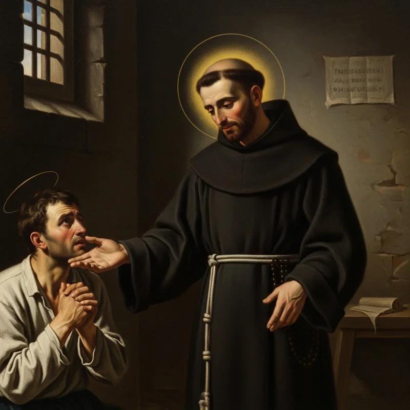 Święty Maksymilian Kolbe pociesza i dotyka twarz mężczyzny, obaj z aureolami, w celi więziennej.