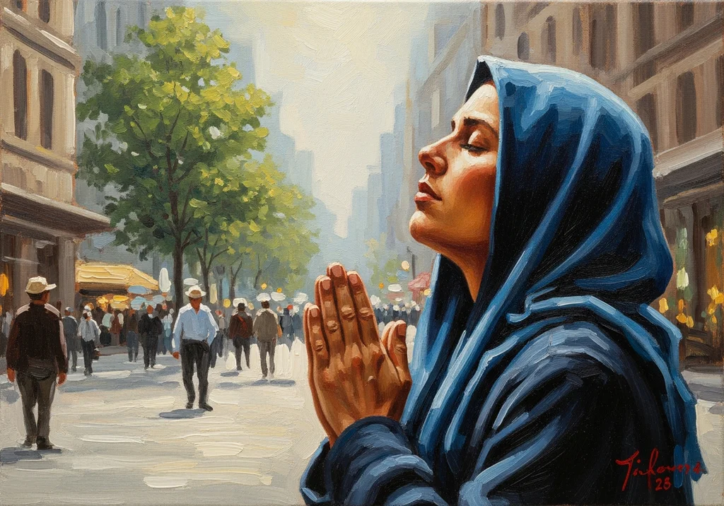 Kobieta w niebieskim welonie modli się na ulicy.