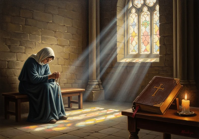 Zakonnica odmawia różaniec w świetle wpadającym przez witraż, obok leży Biblia.