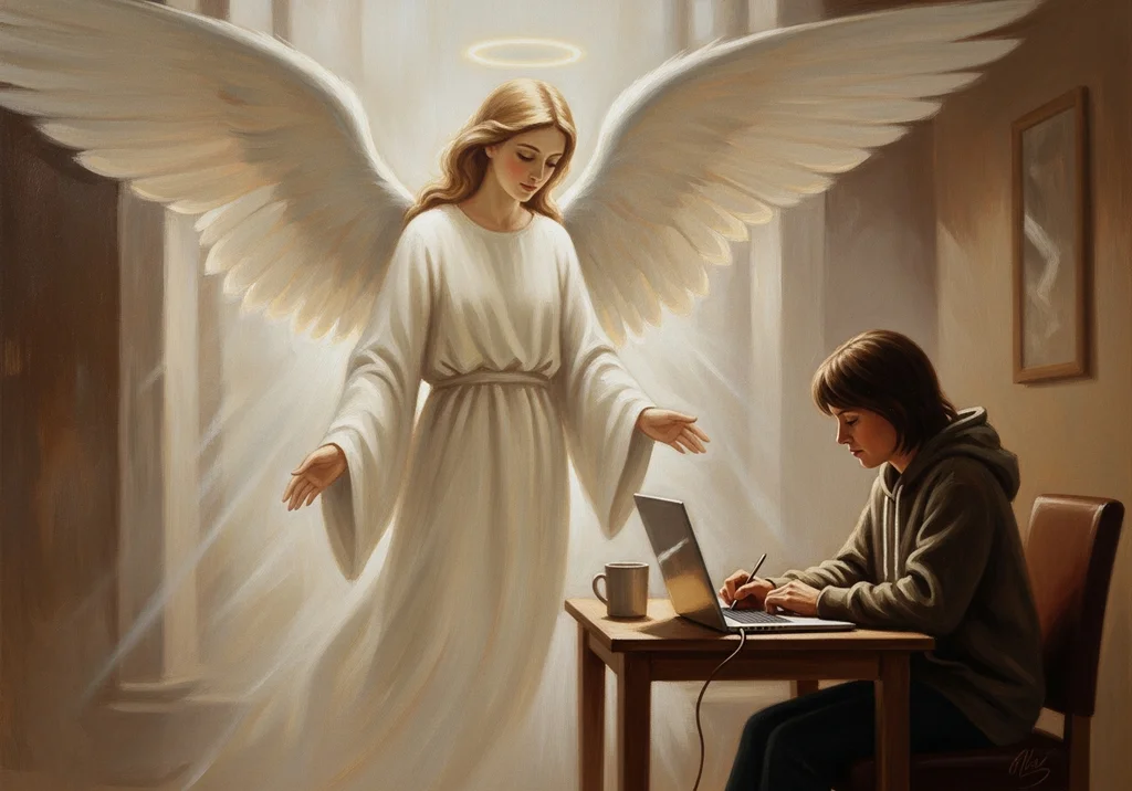Anioł Stróż czuwa nad osobą pracującą przy laptopie, oferując wsparcie i ochronę.